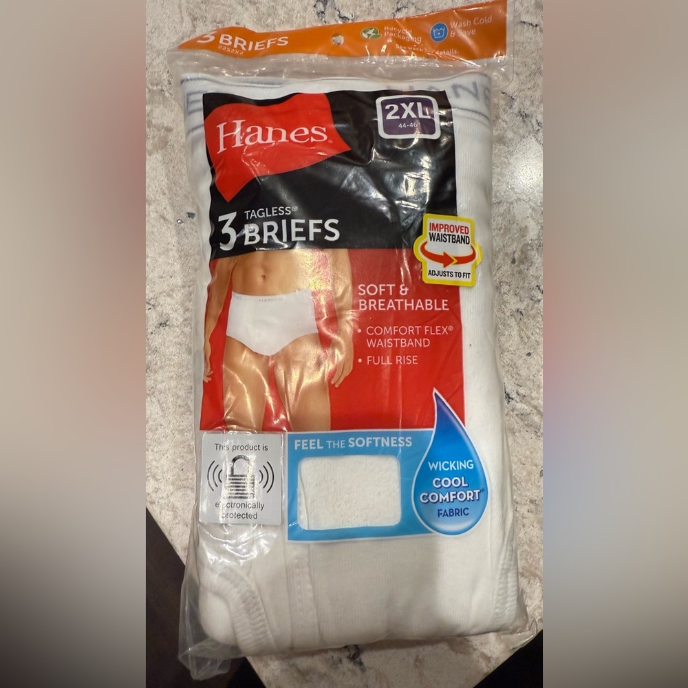 Hanes Men’s White Briefs 3-Pack 2XL (44–46) NEW Sealed